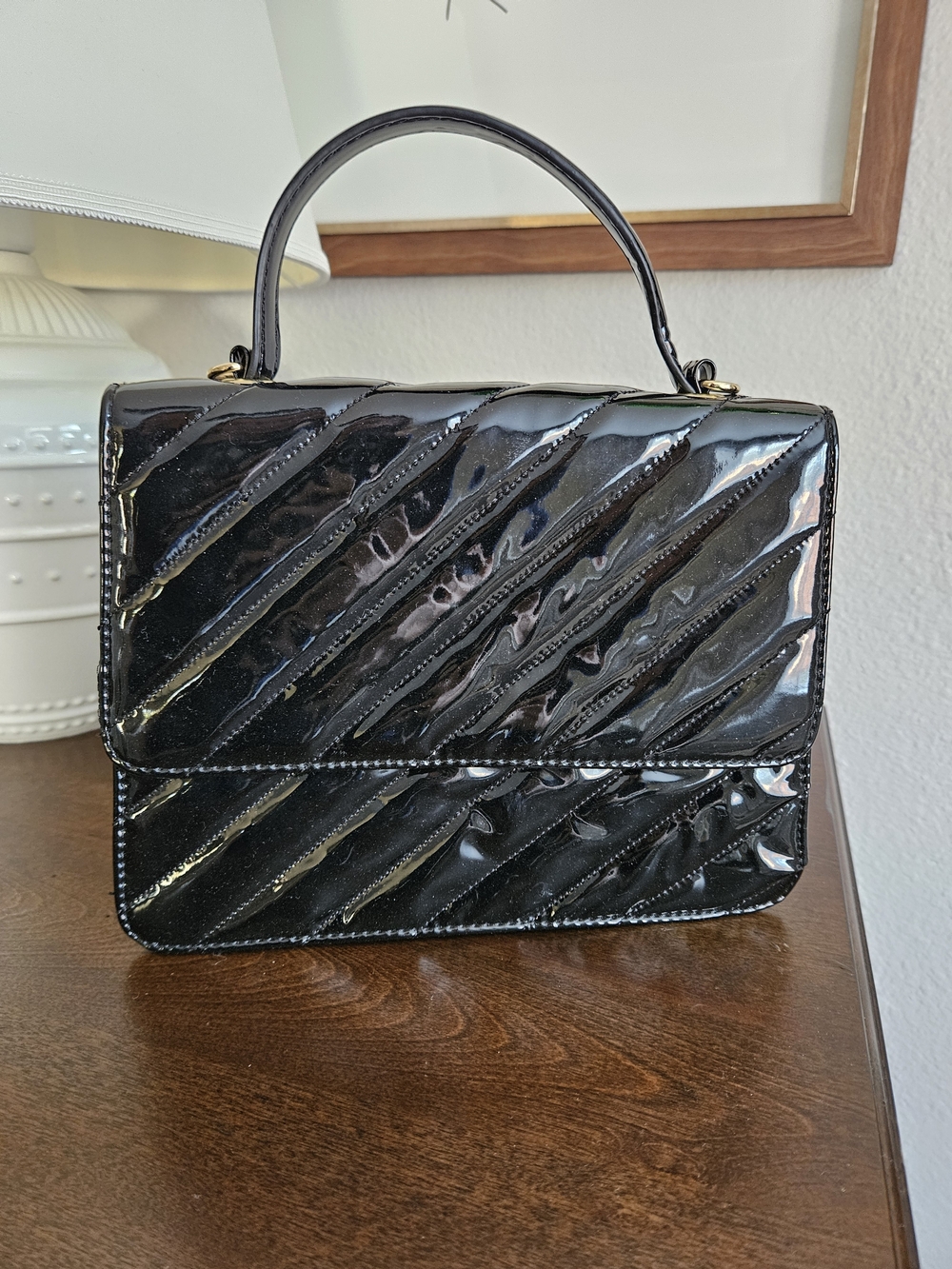 80s Style Faux Patent Leather Top-Handle Bag in Black
